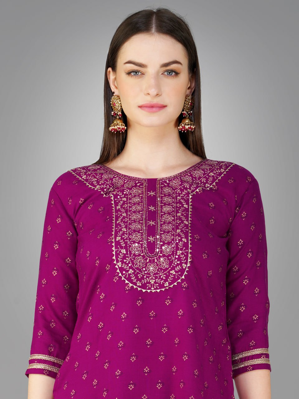 Purple Color Cotton Magic Slub with Embroidery & Sequence Work Pant Kurti Pant Dupatta