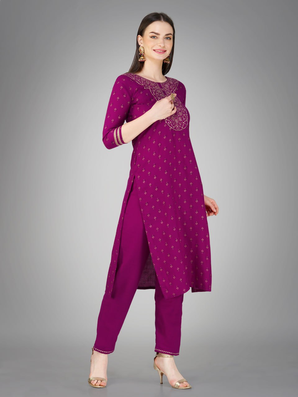 Purple Color Cotton Magic Slub with Embroidery & Sequence Work Pant Kurti Pant Dupatta