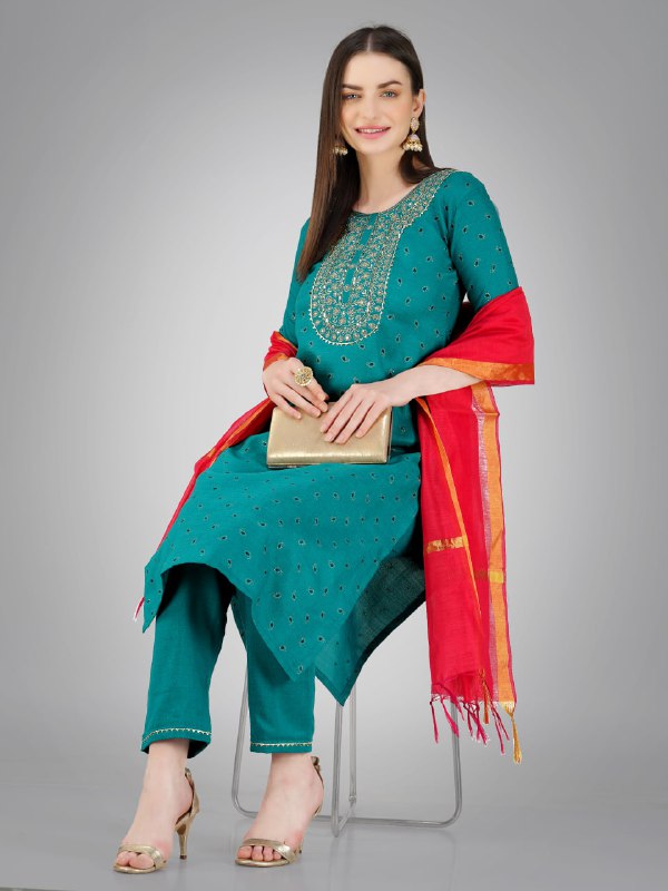 Rama Color Cotton Magic Slub with Embroidery & Sequence Work Pant Kurti Pant Dupatta