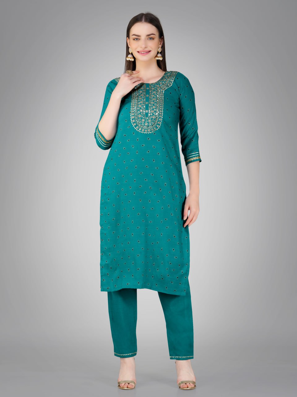 Rama Color Cotton Magic Slub with Embroidery & Sequence Work Pant Kurti Pant Dupatta