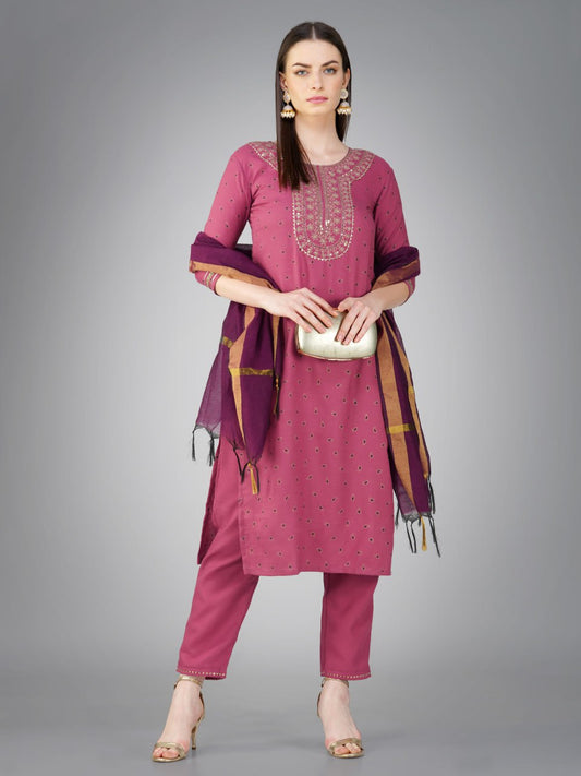 Wine Color Cotton Magic Slub with Embroidery & Sequence Work Pant Kurti Pant Dupatta