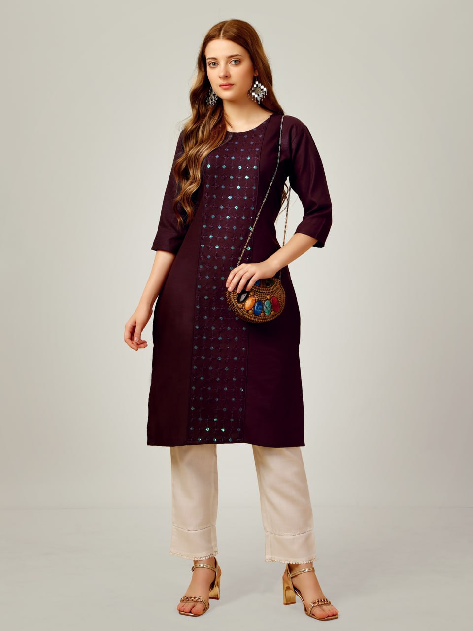 Dark Purple Color Cotton Blend with Embroidery and Sequence Work Pant Kurti Pant Dupatta