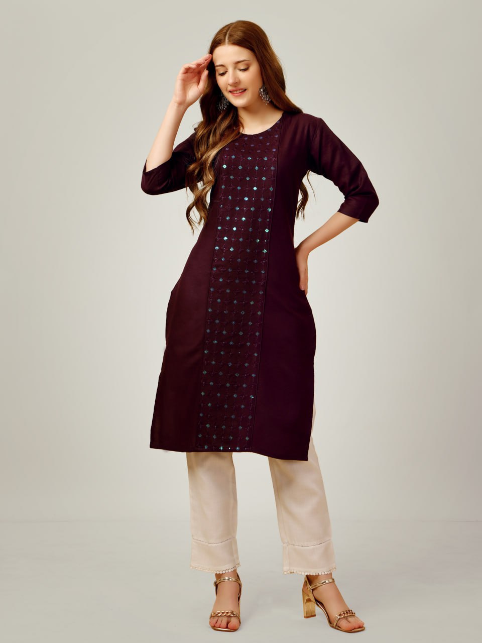 Dark Purple Color Cotton Blend with Embroidery and Sequence Work Pant Kurti Pant Dupatta