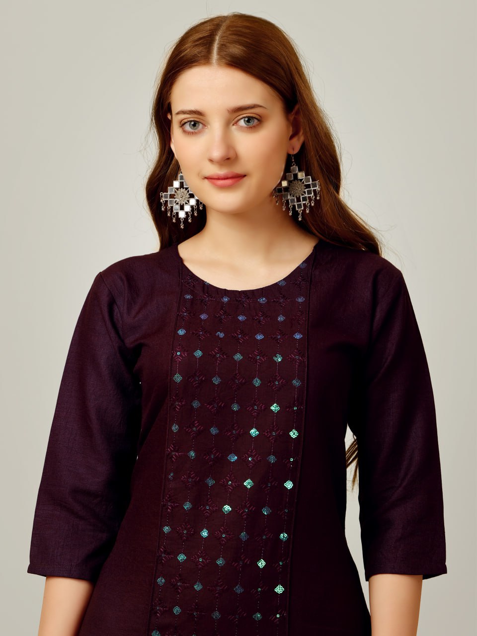 Dark Purple Color Cotton Blend with Embroidery and Sequence Work Pant Kurti Pant Dupatta