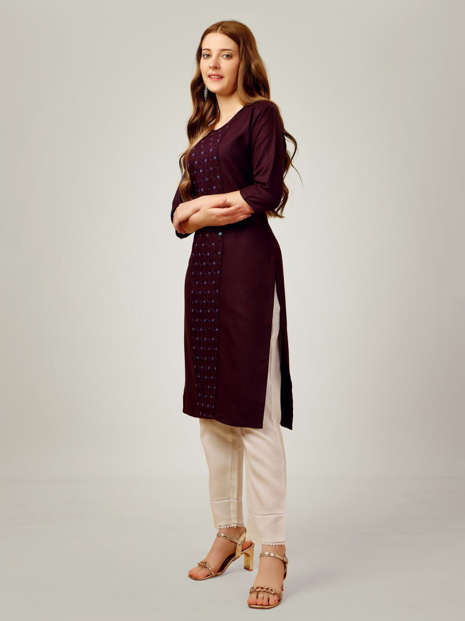 Dark Purple Color Cotton Blend with Embroidery and Sequence Work Pant Kurti Pant Dupatta