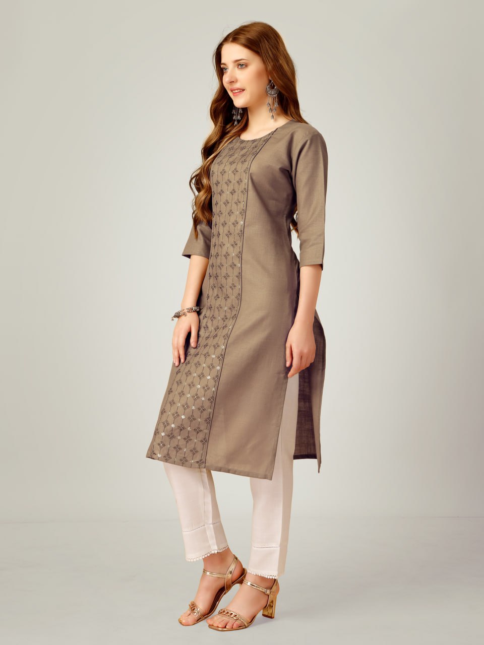 Khaki Color Cotton Blend with Embroidery & Sequence Work Pant - Kurti Pant Dupatta