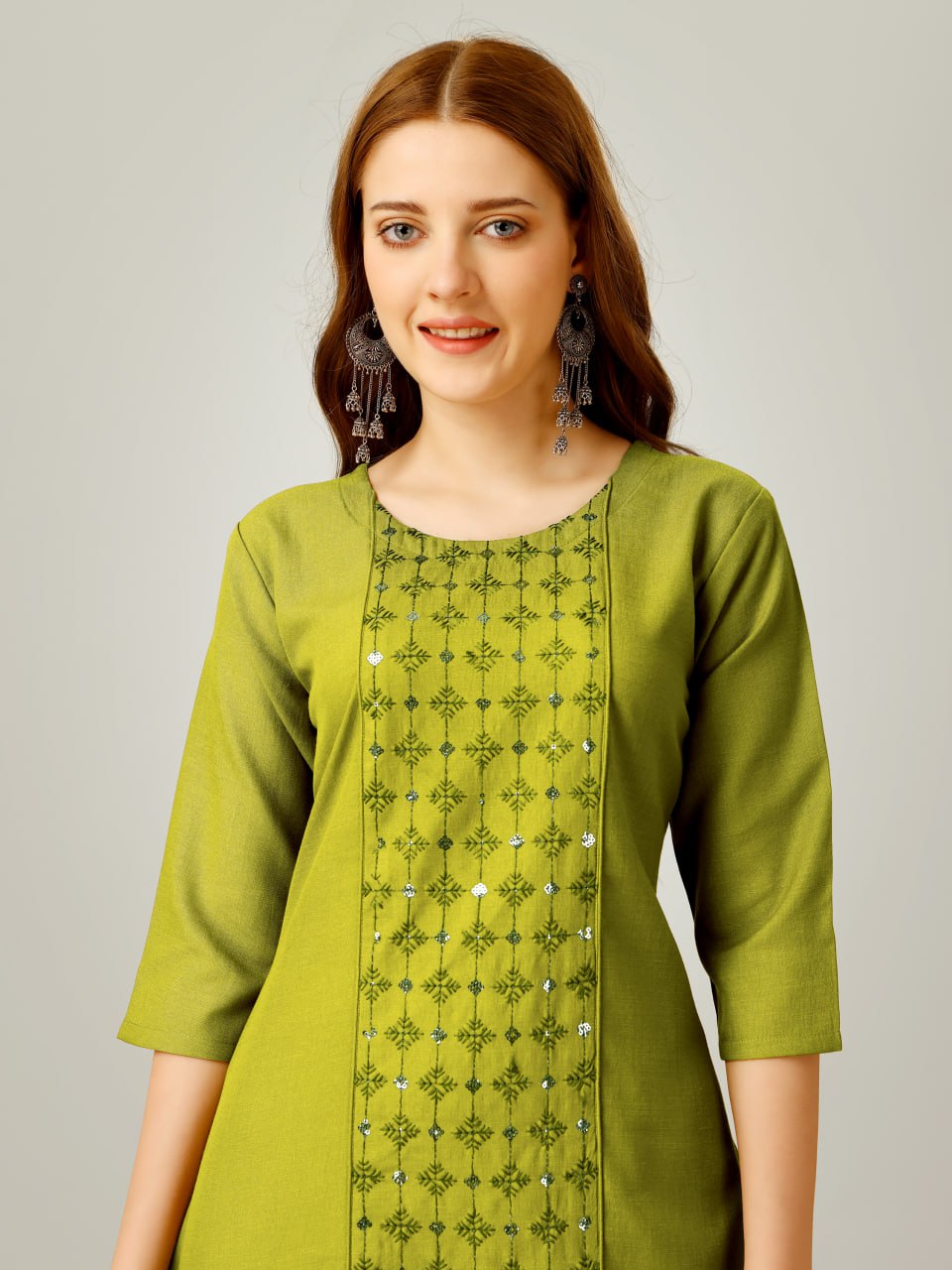 Parrot Color Cotton Blend with Embroidery & Sequence Work Pant - Kurti Pant Dupatta