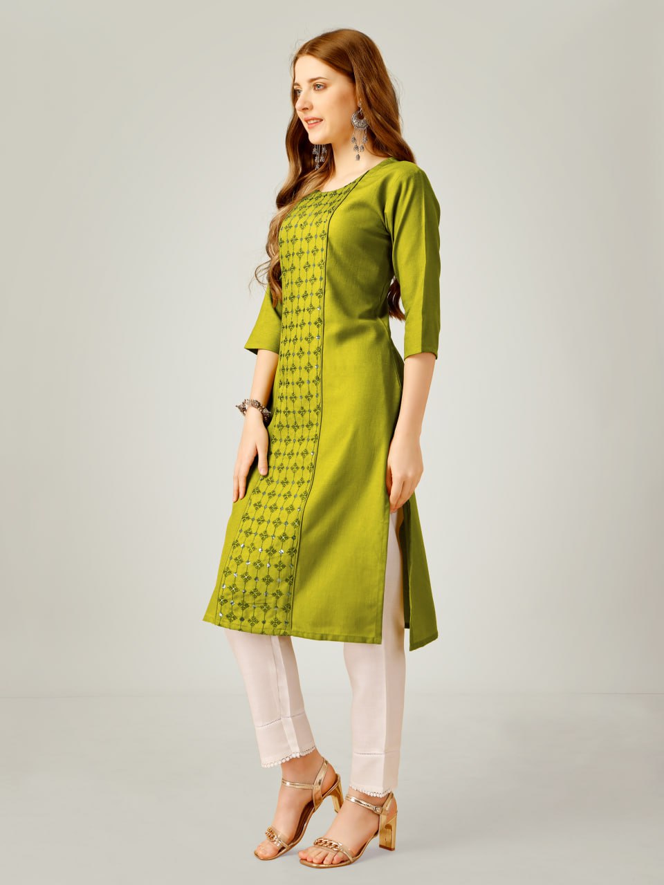 Parrot Color Cotton Blend with Embroidery & Sequence Work Pant - Kurti Pant Dupatta