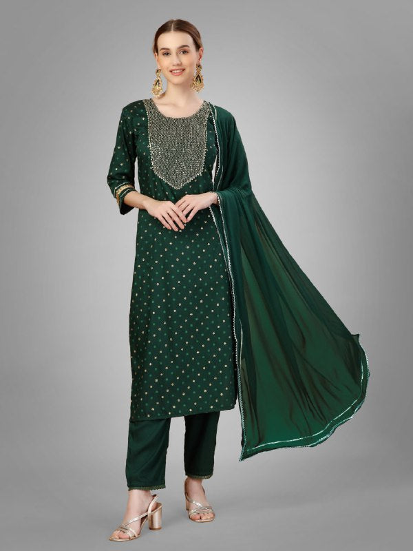 Dark Green Color Silk Blend with Embroidery and Sequence Work Pant - Kurti Pant Dupatta
