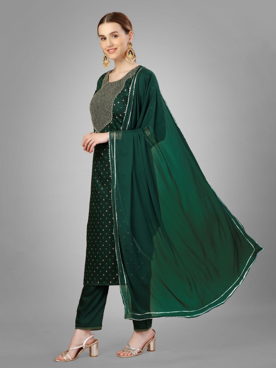 Dark Green Color Silk Blend with Embroidery and Sequence Work Pant - Kurti Pant Dupatta