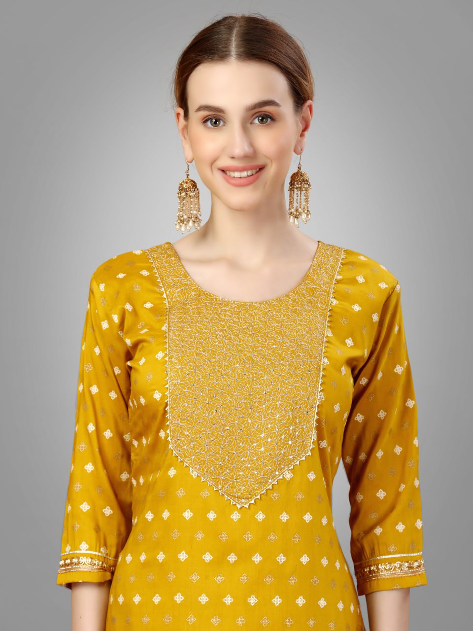 Golden Color Silk Blend with Embroidery and Sequence Work Pant - Kurti Pant Dupatta