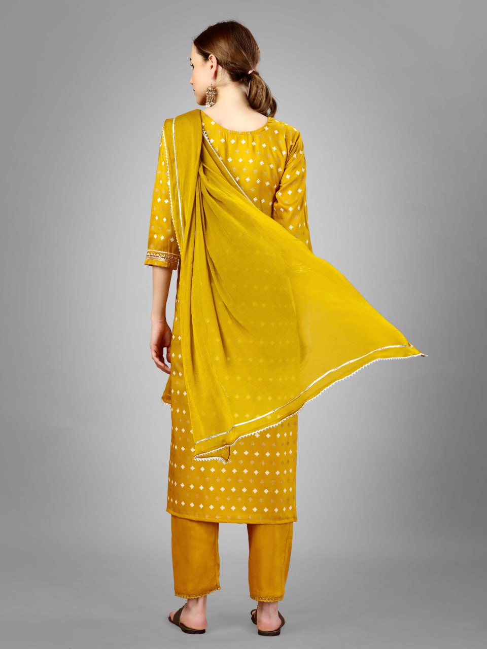 Golden Color Silk Blend with Embroidery and Sequence Work Pant - Kurti Pant Dupatta