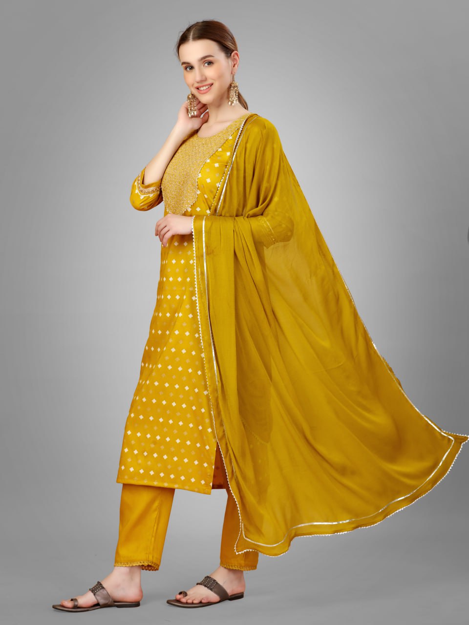Golden Color Silk Blend with Embroidery and Sequence Work Pant - Kurti Pant Dupatta