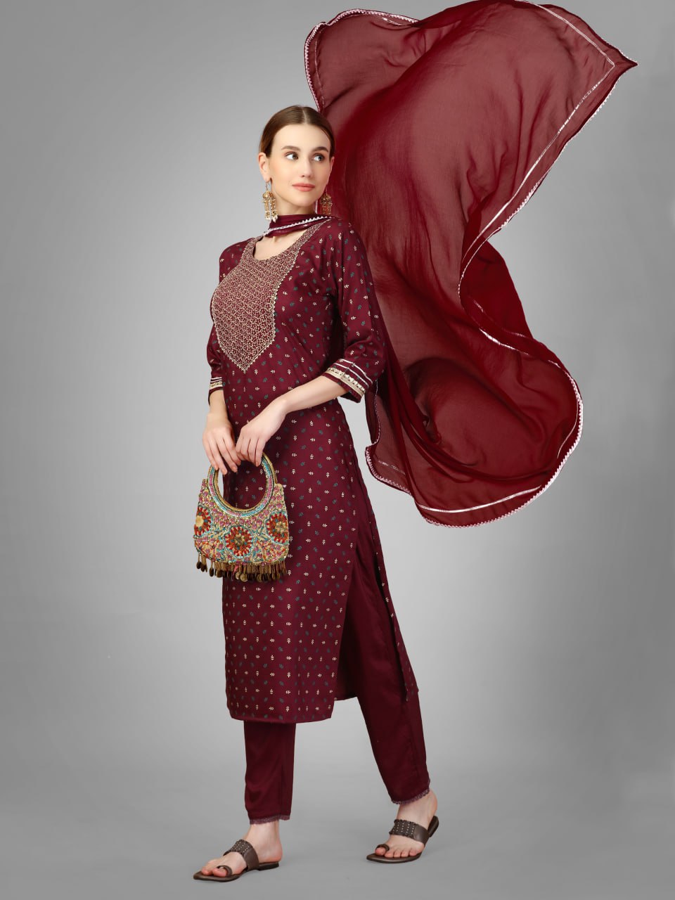 Maroon Color Silk Blend with Embroidery and Sequence Work Pant - Kurti Pant Dupatta