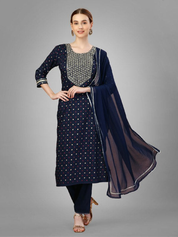Navy Blue Color Silk Blend with Embroidery and Sequence Work Pant - Kurti Pant Dupatta