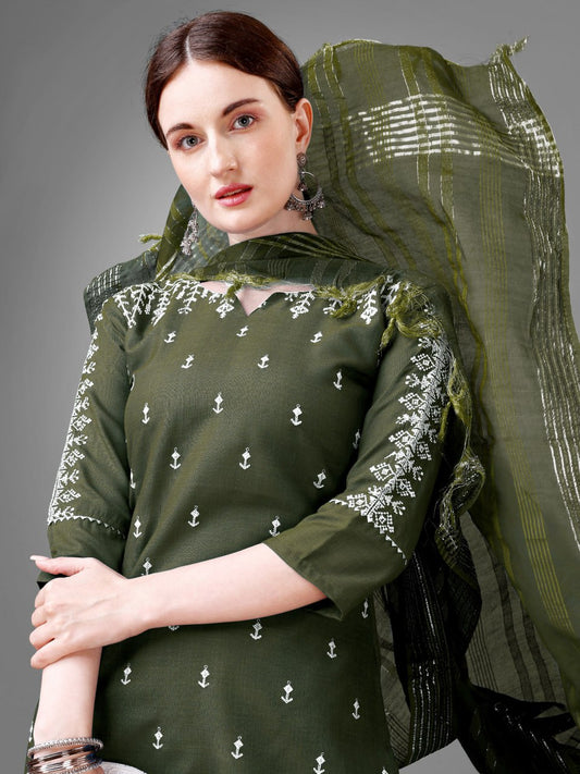 Dark Green Colour Rayon Print With Embroidery and Fancy Lace Work Kurti Pant Dupatta