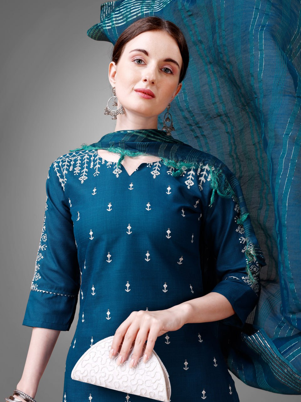 Morpich Colour Rayon Print With Embroidery and Fancy Lace Work Kurti Pant Dupatta