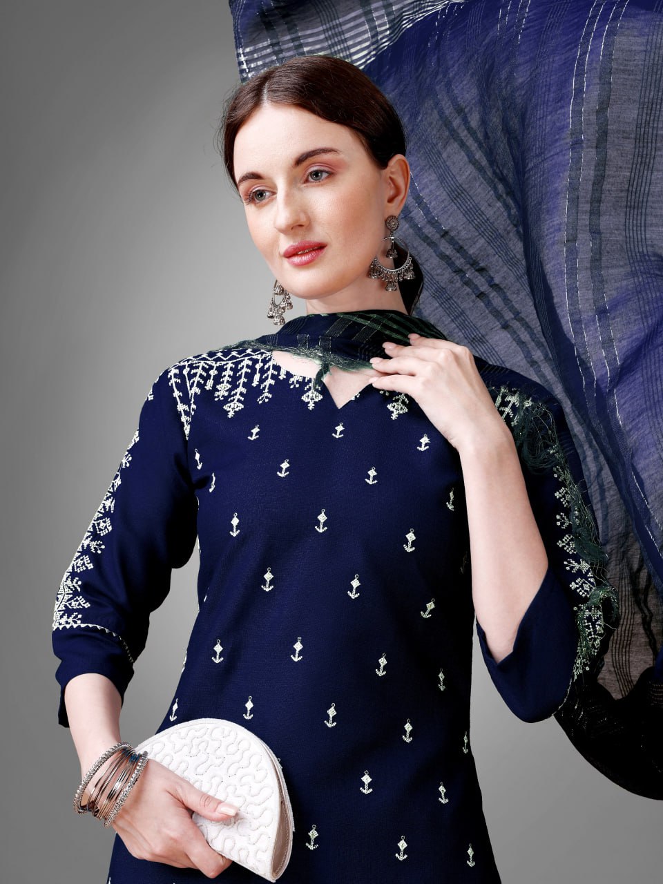 Navy Blue Colour Rayon Print With Embroidery and Fancy Lace Work Kurti Pant Dupatta