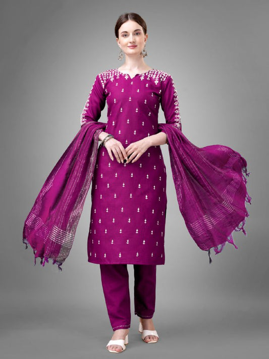 Purple Colour Rayon Print With Embroidery and Fancy Lace Work Kurti Pant Dupatta
