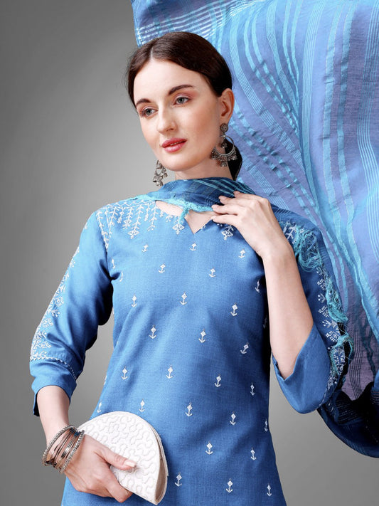 Sky Blue Colour Rayon Print With Embroidery and Fancy Lace Work Kurti Pant Dupatta