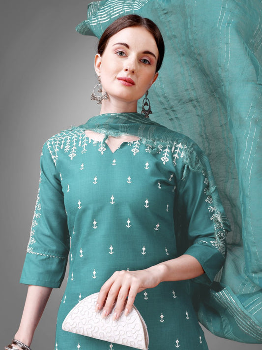 Teal Colour Rayon Print With Embroidery and Fancy Lace Work Kurti Pant Dupatta