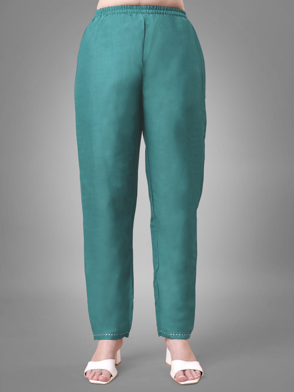 Teal Colour Rayon Print With Embroidery and Fancy Lace Work Kurti Pant Dupatta