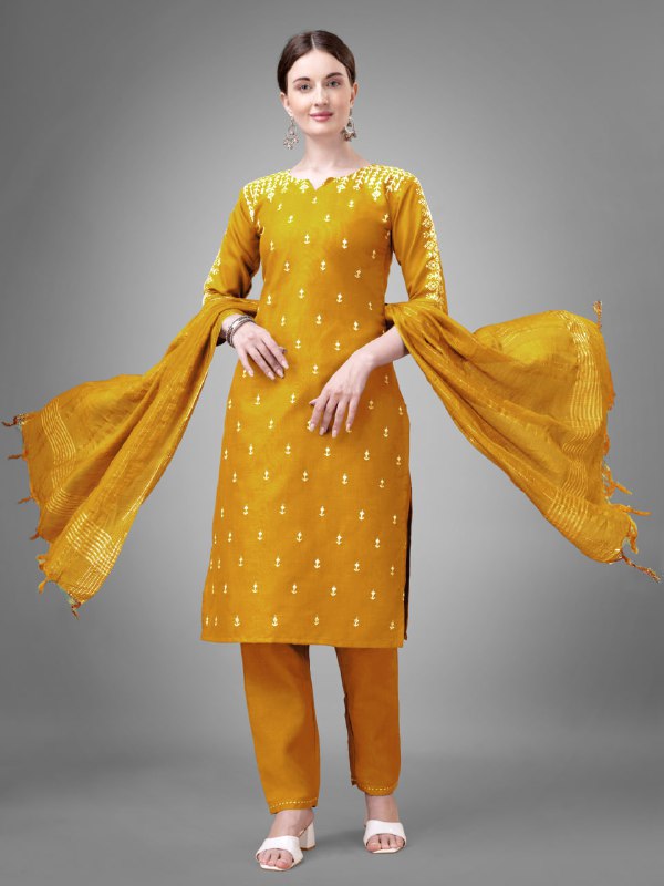 Yellow Colour Rayon Print With Embroidery and Fancy Lace Work Kurti Pant Dupatta