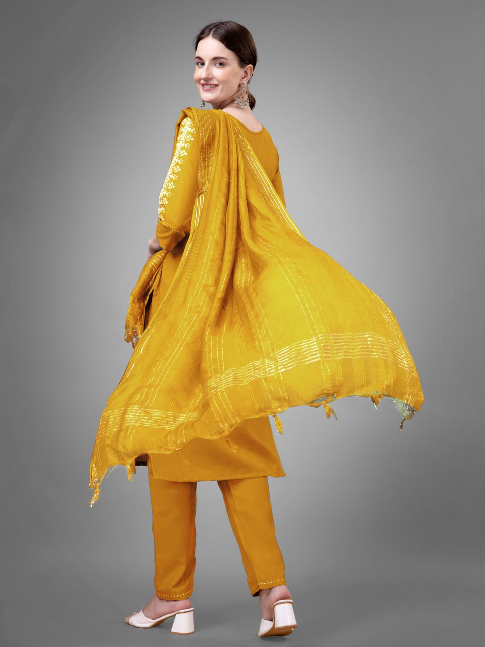 Yellow Colour Rayon Print With Embroidery and Fancy Lace Work Kurti Pant Dupatta
