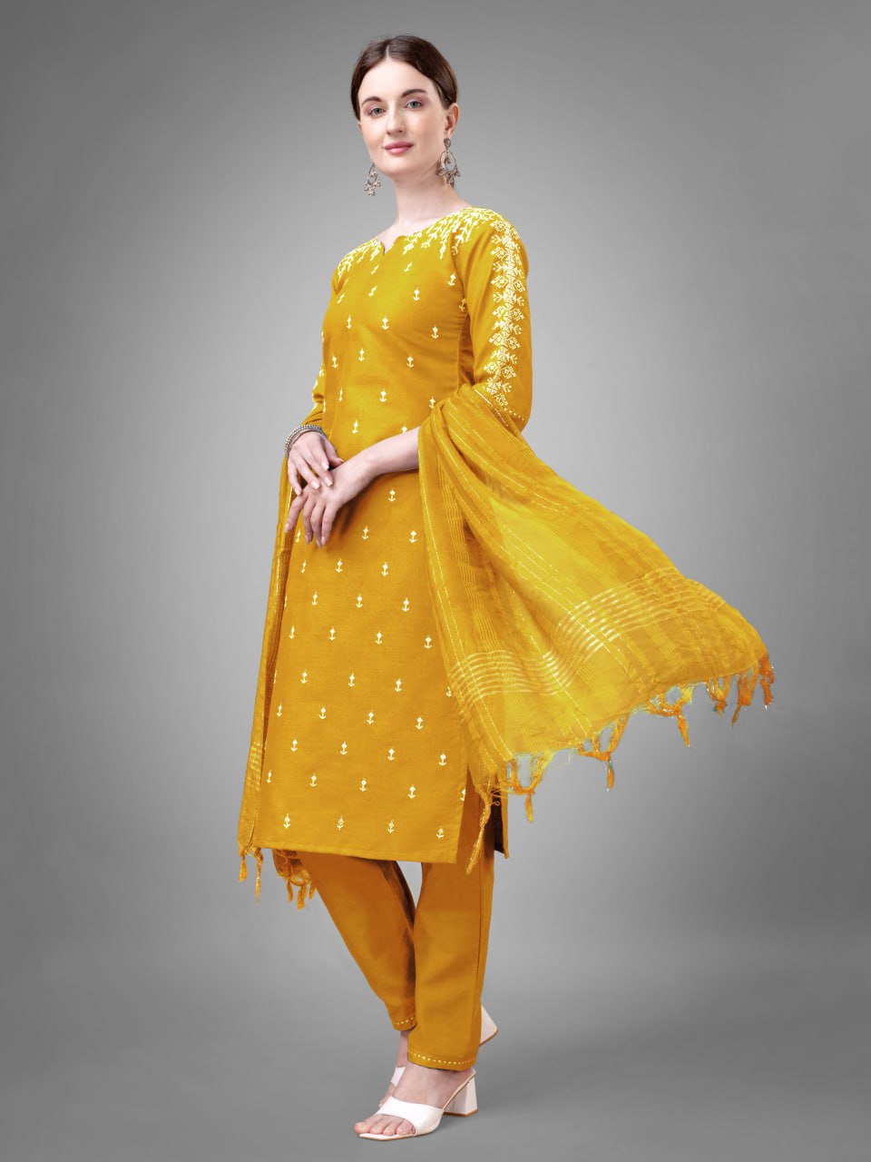 Yellow Colour Rayon Print With Embroidery and Fancy Lace Work Kurti Pant Dupatta