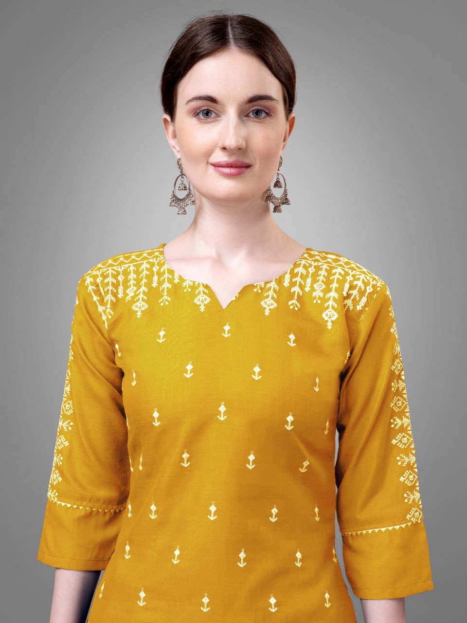 Yellow Colour Rayon Print With Embroidery and Fancy Lace Work Kurti Pant Dupatta