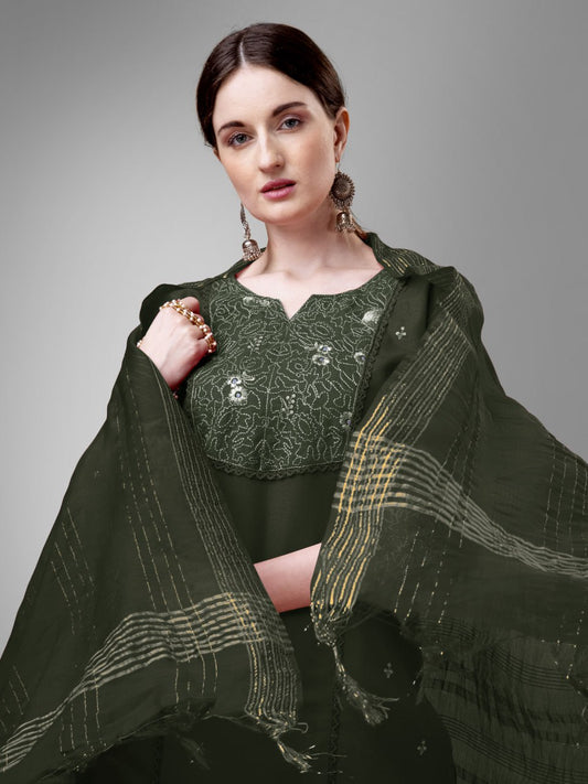 Dark Green Colour Rayon Print With Embroidery and Fancy Lace Work Kurti Pant Dupatta