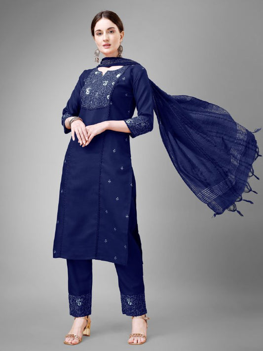 Navy Blue Colour Rayon Print With Embroidery and Fancy Lace Work Kurti Pant Dupatta