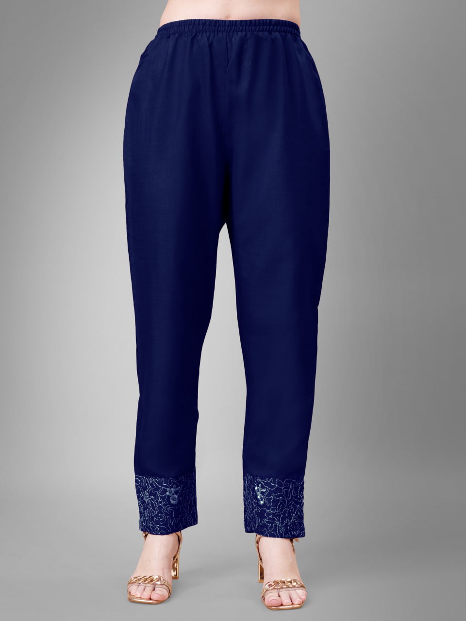 Navy Blue Colour Rayon Print With Embroidery and Fancy Lace Work Kurti Pant Dupatta