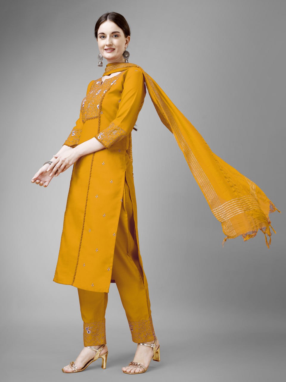 Yellow Colour Rayon Print With Embroidery and Fancy Lace Work Kurti Pant Dupatta