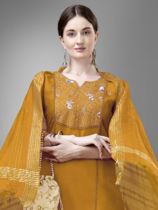 Yellow Colour Rayon Print With Embroidery and Fancy Lace Work Kurti Pant Dupatta