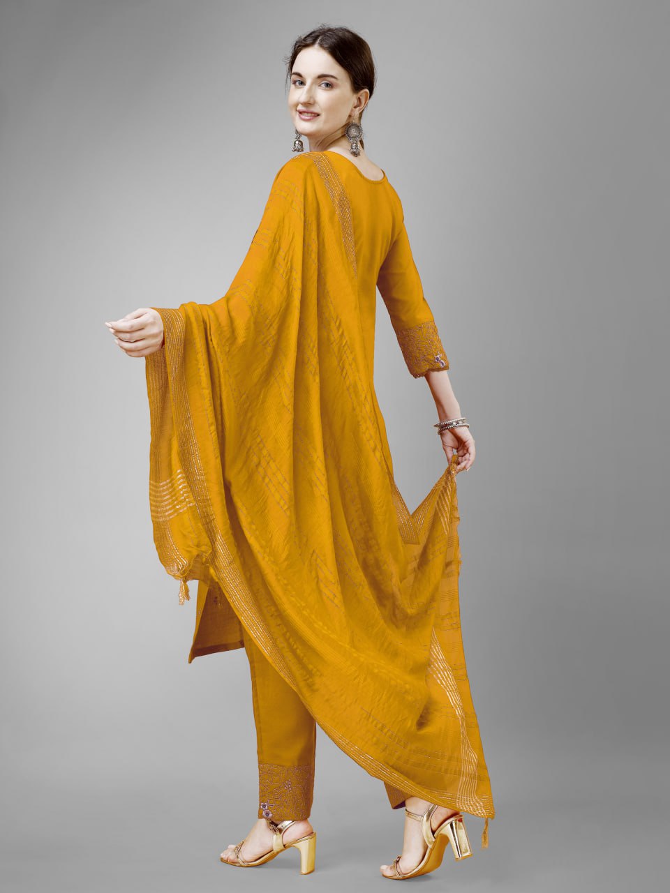 Yellow Colour Rayon Print With Embroidery and Fancy Lace Work Kurti Pant Dupatta