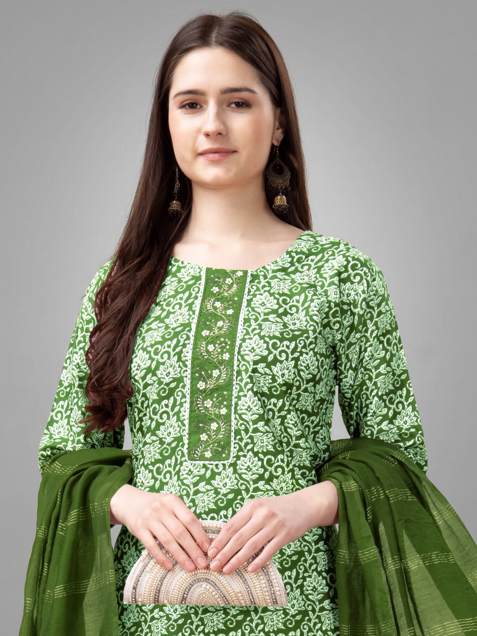 Green Colour Rayon Print With Embroidery and Fancy Lace Work Kurti Pant Dupatta
