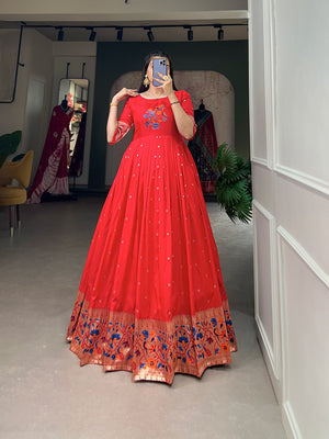 Royal Red Jacquard Silk Paithani Dress Gown with Traditional Zari Work by The Beauty Queen Surat