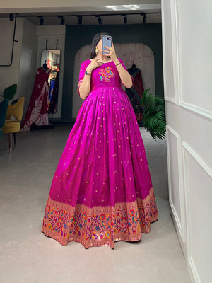 Royal Purple Jacquard Silk Paithani Dress Gown with Traditional Zari Work by The Beauty Queen Surat