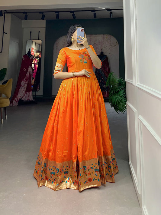 Orange Color Jacquard silk Paithani Dress Gown