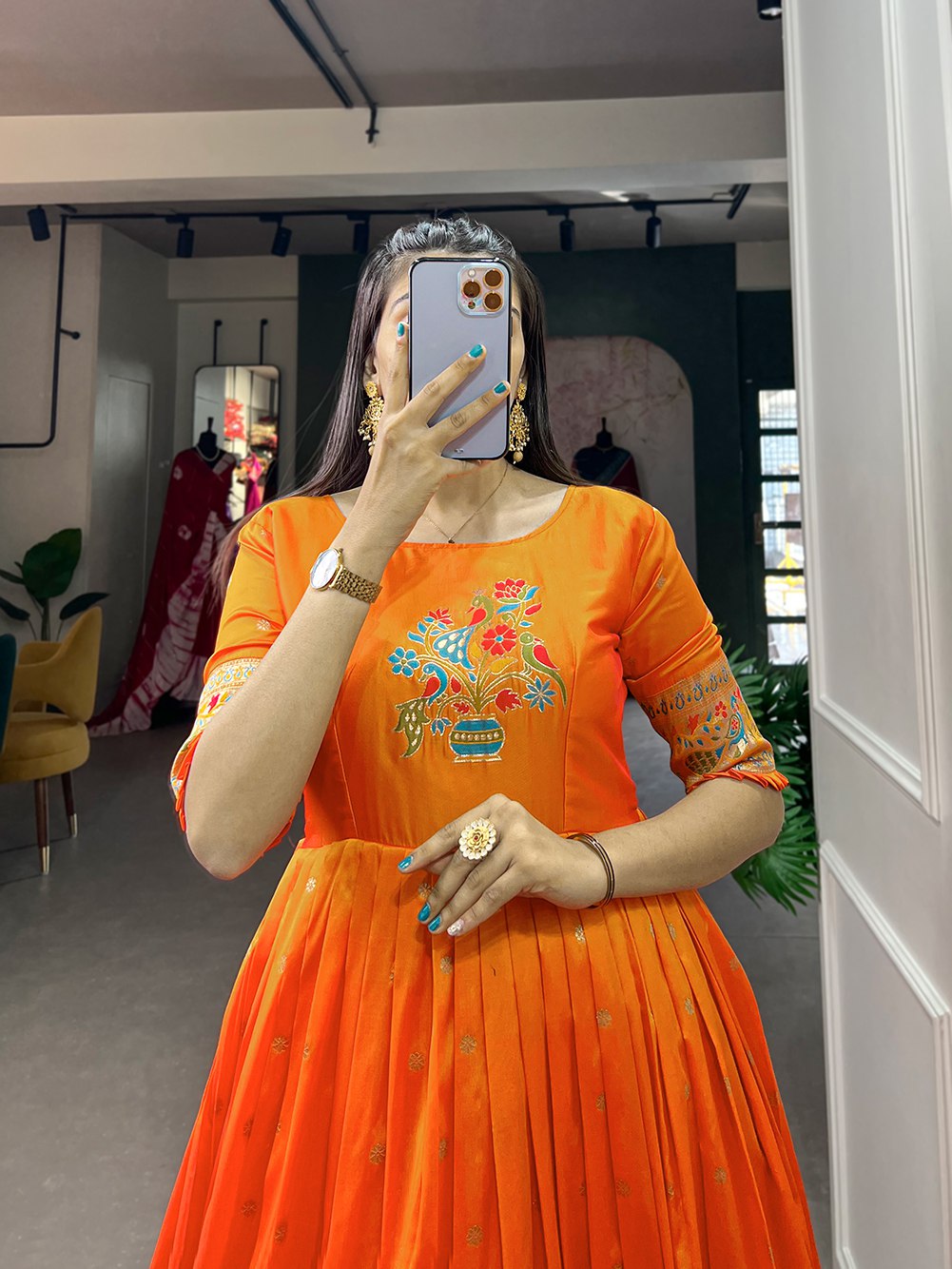 Vibrant Orange Jacquard Silk Paithani Gown with Rich Zari Border & Traditional Flair