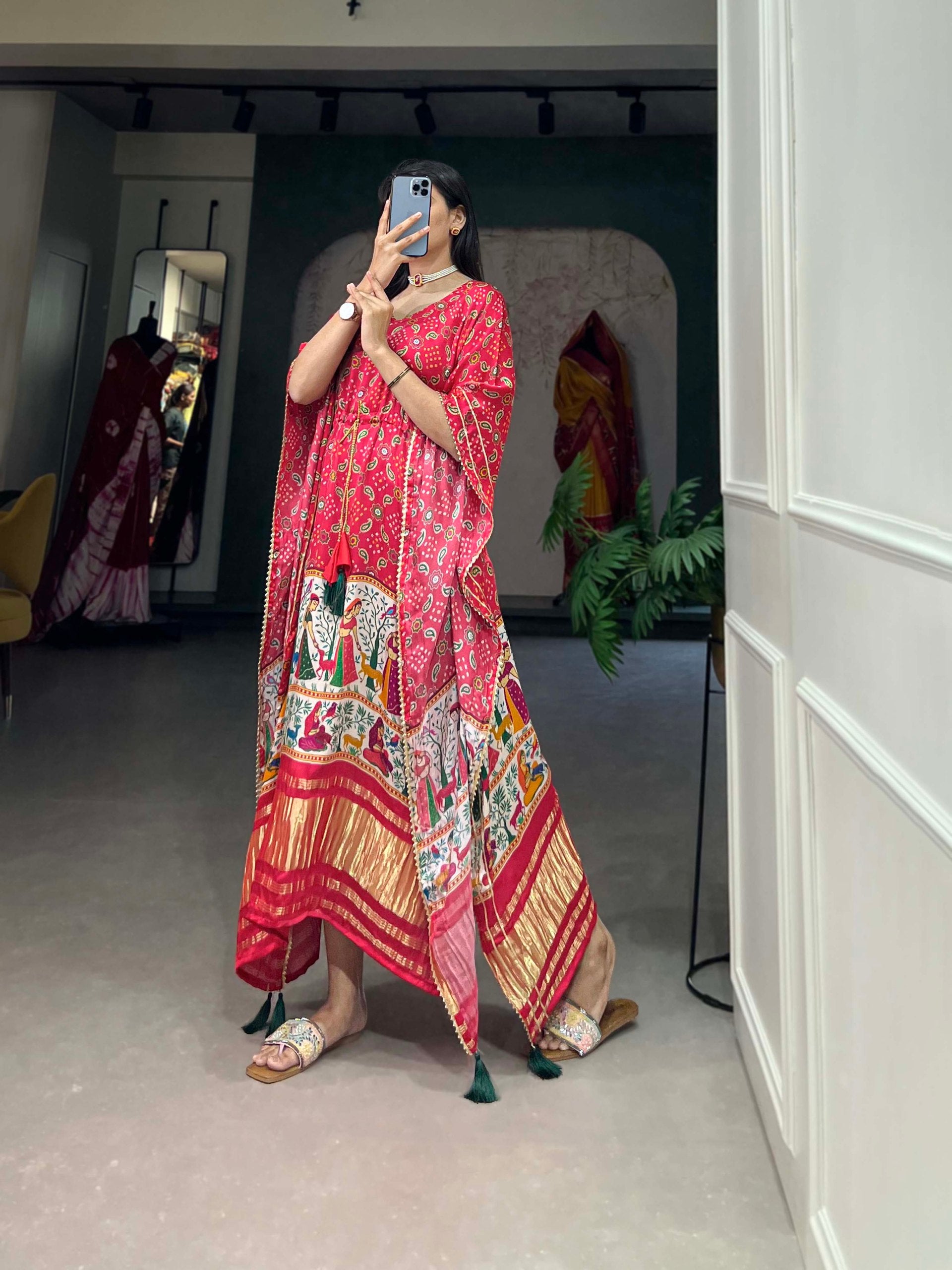 Red Color Digital Print With Gotta Patti Lace Border Gaji Silk Kaftan