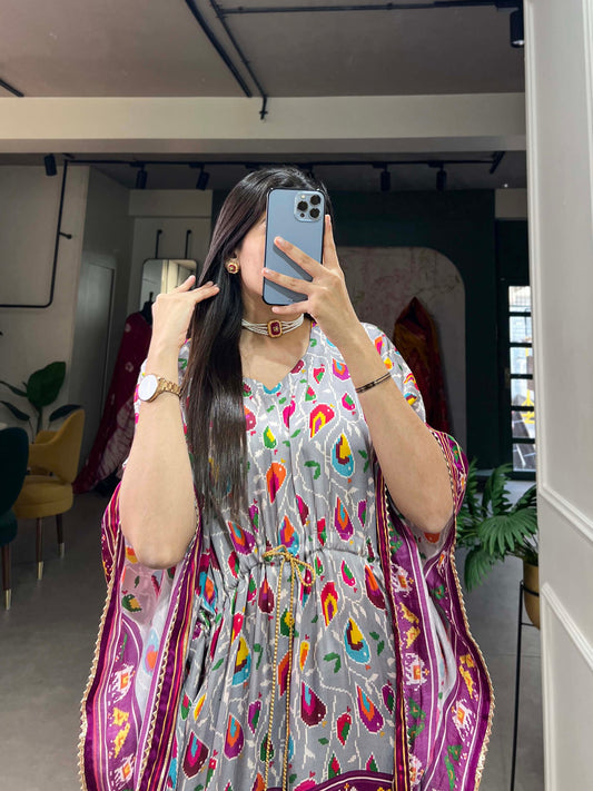 Grey Color Digital Print With Gotta Patti Lace Border Gaji Silk Kaftan