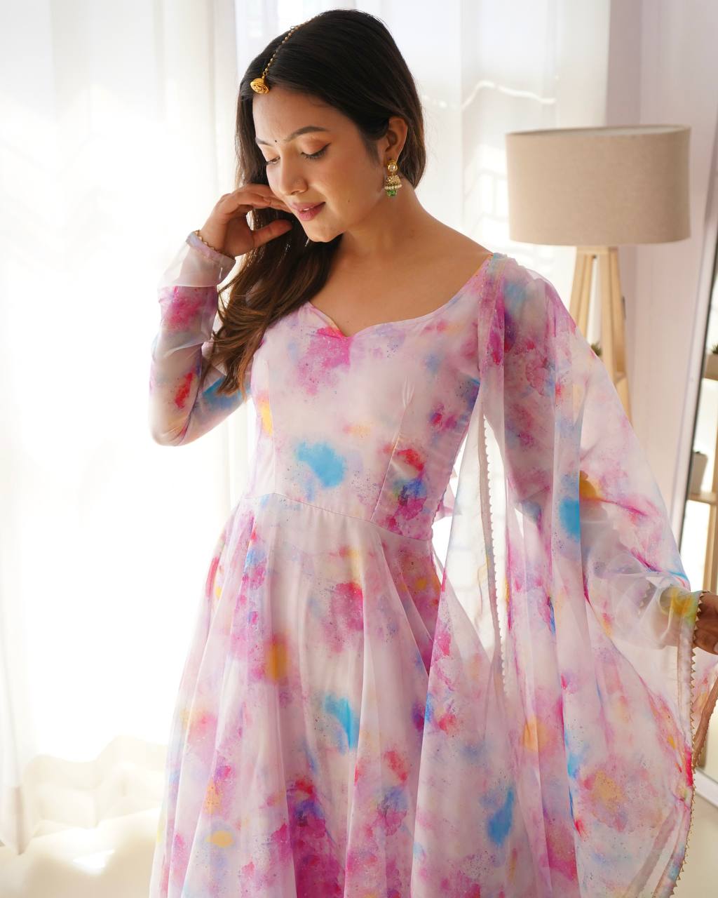 Baby Pink Color Organza Taby Silk Heavy Quality Fabric With Digital Print Gown