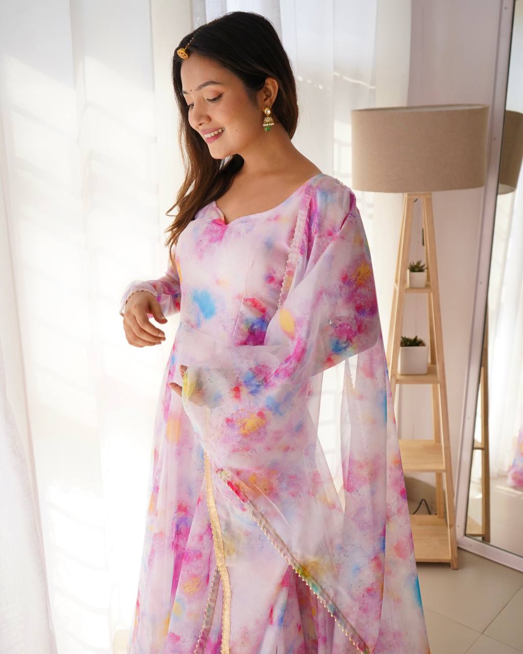 Baby Pink Color Organza Taby Silk Heavy Quality Fabric With Digital Print Gown