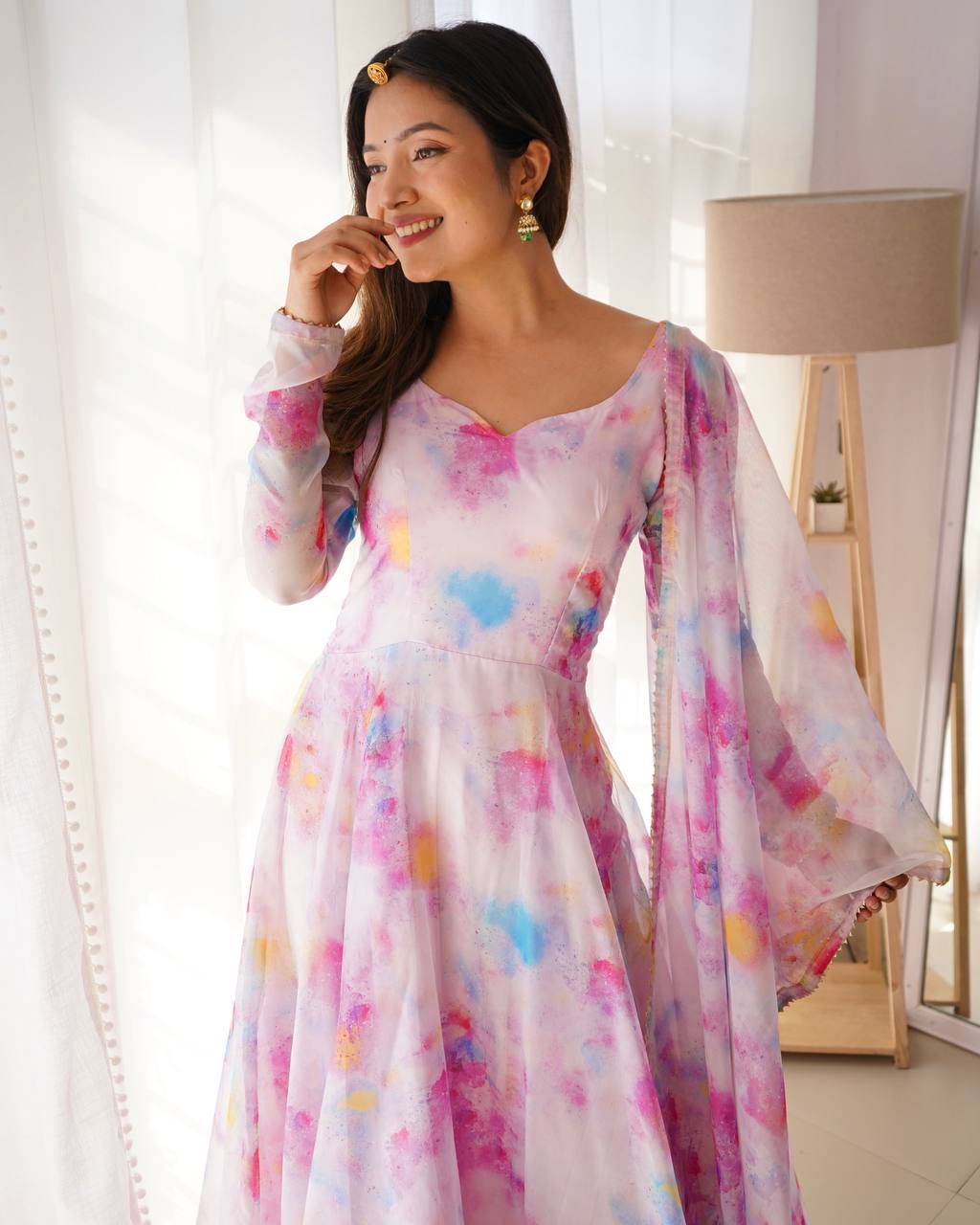 Baby Pink Color Organza Taby Silk Heavy Quality Fabric With Digital Print Gown