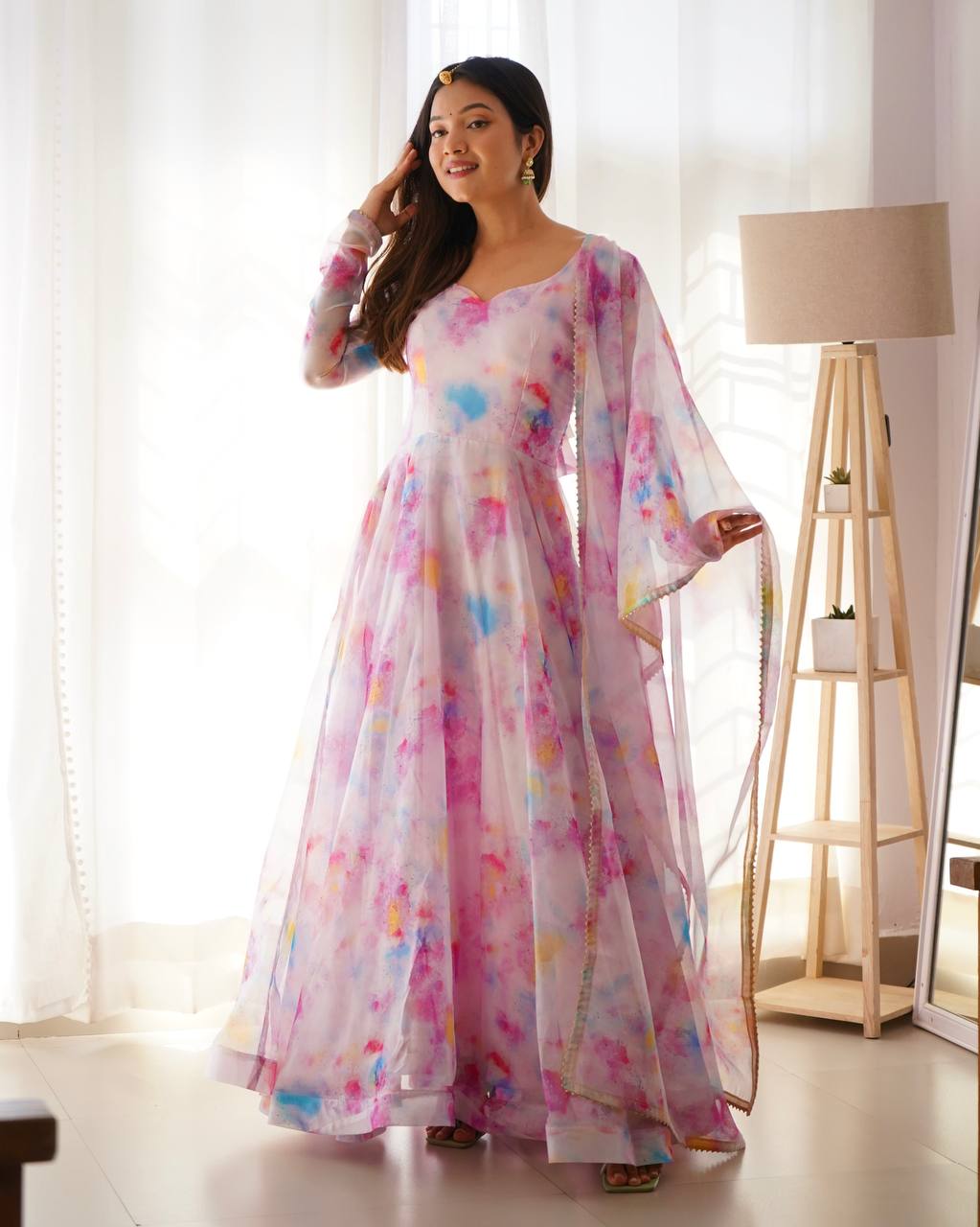 Baby Pink Color Organza Taby Silk Heavy Quality Fabric With Digital Print Gown