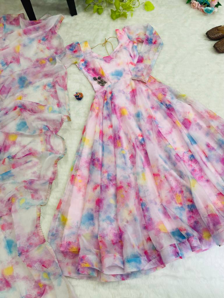 Baby Pink Color Organza Taby Silk Heavy Quality Fabric With Digital Print Gown