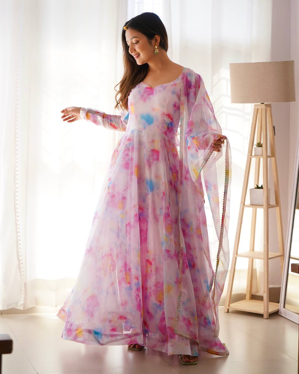 Baby Pink Color Organza Taby Silk Heavy Quality Fabric With Digital Print Gown