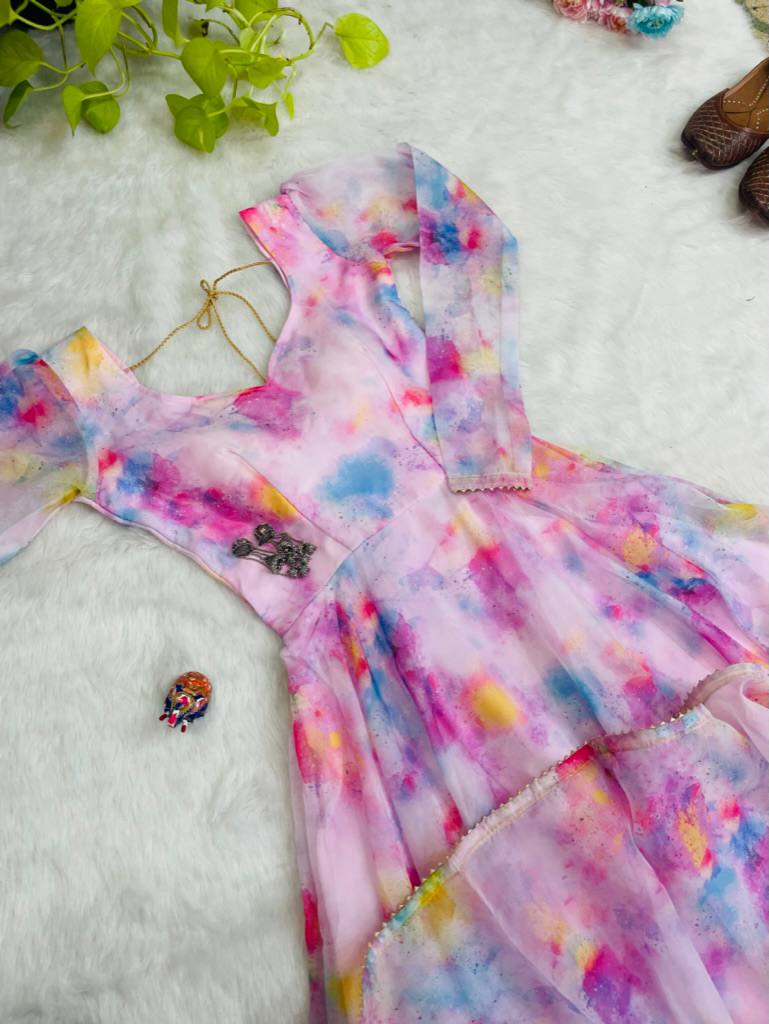 Baby Pink Color Organza Taby Silk Heavy Quality Fabric With Digital Print Gown
